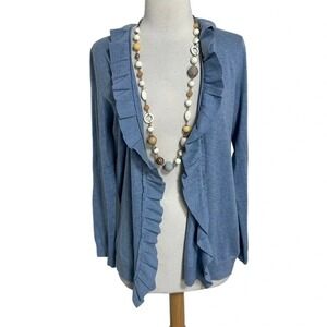 Talbots Cardigan Medium Blue Ruffle Front Open Long Sleeve Cotton Wool‎ Blend